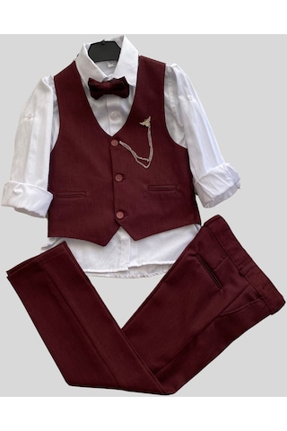 Lüks Planet Yelekli Papyonlu Erkek Çocuk Takım Elbise Bordo