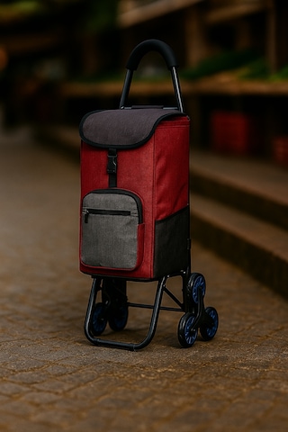 Sessiz 3 Tekerlekli Pazar Arabası Su Geçirmez, Fermuarlı Çantalı Kırmızı