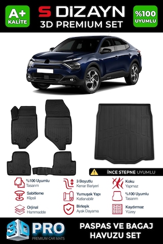 S-dizayn Citroen C4x 3d Pro Havuzlu Paspas Ve Bagaj Havuzu Seti 2'li Set İnce Stepne 2023 Üzeri A+