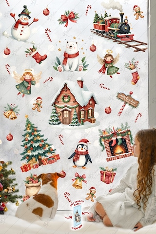 Christmas Yılbaşı Cam Sticker Seti 60+ Parça Çift Taraflı Baskı, Suya Dayanıklı, Kar Tanesi & Noel Dekoru Dijital Baskı