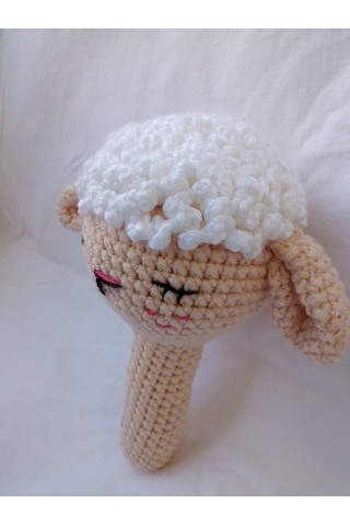 Uykulu Kuzu Amigurumi Çıngırak Bej - Beyaz