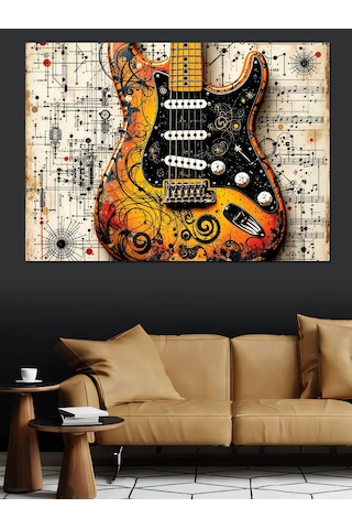 Müzik Notalı Renkli Gitar Dekoratif Kanvas - Mdf Ahşap Tablo