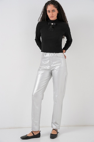 Kadın Yüksek Bel Parlak Pantolon 6738 - Gümüş Gümüş