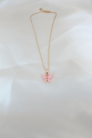 Gold Kaplama Pembe Sedefli Kelebek Kolye Renkli