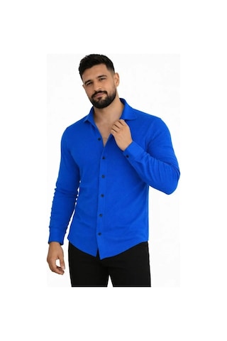 Hazego Erkek Waffle Kumaş Uzun Kollu Düğmeli Açık Yaka Regular Fit Gömlek - Saks Mavisi