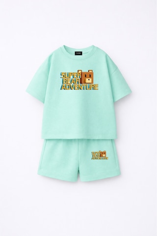 Fasardi Super Bear Adventure Süper Ayı Baskılı Oversize %100 Pamuk Tişört Şort 2li Çocuk Takım Su Yeşili