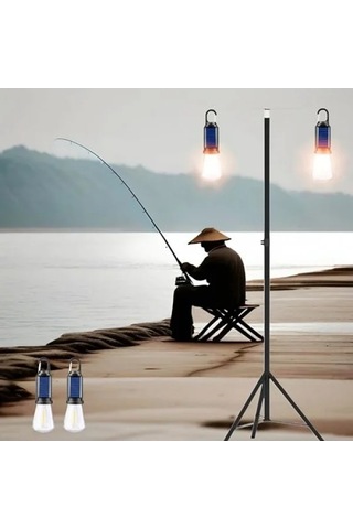 2 Lambalı, Askılı, Şarjlı Led Solar Aydınlatma Seti - Su Geçirmez Metal Standlı Açık Lacivert