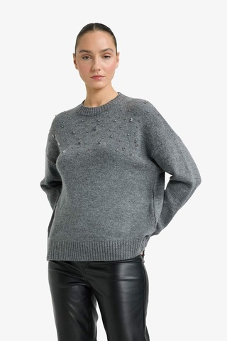 Defacto Oversize Geniş Kalıp Bisiklet Yaka İşlemeli Triko Kazak G3383ax25wngr156 Gri-gr156