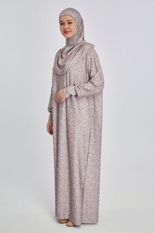 Pratik Tek Parça Çiçek Desenli Namaz Elbisesi Bej