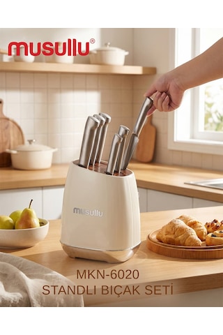Musullu Mkn-6020 Standlı Bıçak Seti Krem - Gümüş