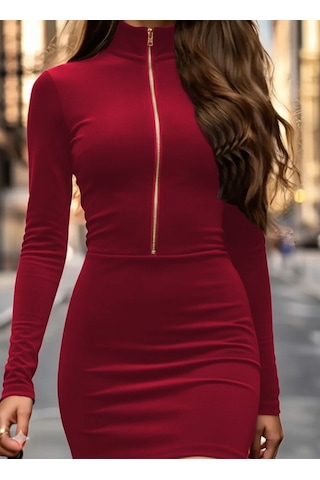 Efnaz Style Kadın Uzun Kollu Balıkçı Yaka Yakadan Göğüse Kadar Fermuar Detaylı Mini Kadife Elbise Kırmızı
