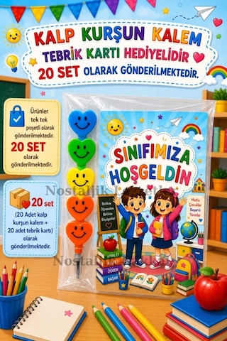 20 Set Sınıfımıza Hoşgeldin Yazılı Hediye Seti Kalp Kurşun Kalem Tebrik Kartı Hediyeli