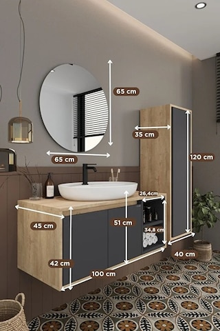 Gül 100 Cm %100 Mdf Lavabolu Banyo Dolabı Ayna Alt Dolap Lavabo Boy Dolabı Antrasit