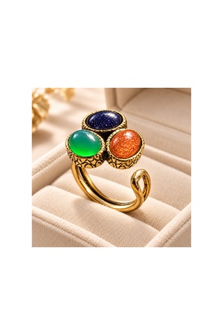 Esoo Jewelry Doğal Taş Detaylı 3 Taşlı Vintage Gold Ayarlanabilir Kadın Yüzük - Lacivert Yeşil Kahve Mavi - Yeşil