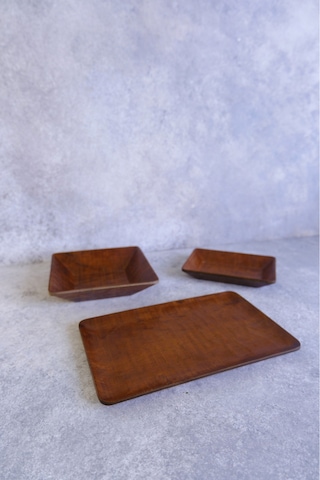 Justwood 3 Lü Ligna Ahşap Rölyefli Dikdörtgen Sunum Seti 16x26, 18x18, 12,5x17 Cm Servis Seti, Tabak Koyu Kahverengi