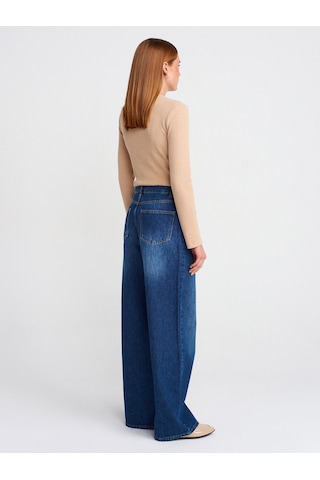 Dilvin 71784 Dökümlü Kumaş Geniş Denim Pantolon Lacivert