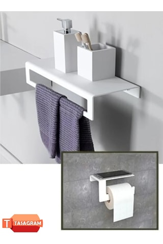 Tasagram Metal Banyo Havlu Askılığı Ve Tuvalet Kağıdı Askılığı 2'li Set Beyaz