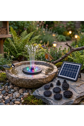 Güneş Enerjili Rgb Led Işıklı Havuz Fıskiyesi - Solar Panelli Yüzer Fıskiye Çoklu Püskürtme Başlıklı Gölet Süs Fıskiyesi & Kuş Banyosu