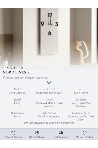 Kaveld Nord Linen 41 Dikdörtgen Duvar Saati 13,5x41 Cm Sessiz Mekanizma, Keten Dokulu Vinil Kaplama, Modern İskandinav Tasarım Keten Görünümlü Vinil Kaplama