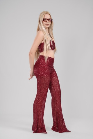 Mayrem Pul Payet Straplez Crop & İspanyol Paça Set Takım Bordo