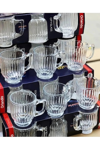 6 Adet Kristal Cam Kulplu Çay Nescafe Kupa Bardak Seti Takımı