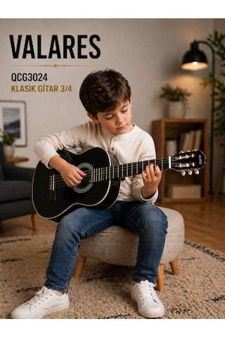 Valares Qcg3024 36 3/4 Klasik Gitar Çocuklar İçin İdeal Yumuşak Tını Kolay Çalım Çanta Ve Pena Hediye Siyah