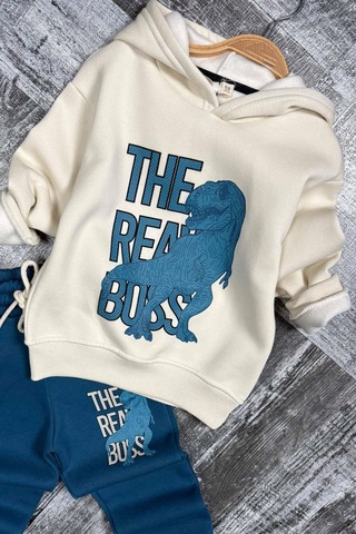 Riccotarz Erkek Çocuk Önü Yazı Ve Dino Baskılı Kapşonlu Sweatshirt 3 İplik Mavi Eşofman Takım
