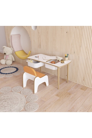 Fahrettin Küçük Montessori Çocuk Masası Oyun Masası Aktivite Masası Çalışma Masası - Puf Koltuklu Turuncu