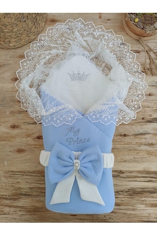 Bal Peteği My Prince Taç Nakışlı İnci Fiyonklu Dantel Duvaklı Delüks Kundak Bebek Battaniyesi Mavi
