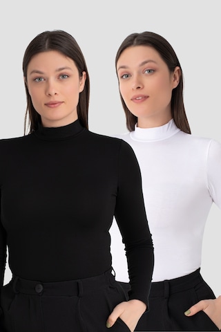 Arma Yıldız Kadın Beyaz - Siyah Balıkçı Yaka Uzun Kollu Body 2'li Paket Beyaz - Siyah