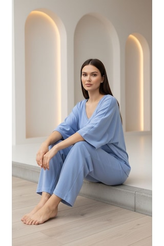 Divinus Bol Kesim V Yaka Yarım Kollu Pijama Takımı Büyük Beden Mavi