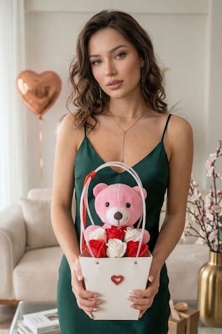 Premium Çantalı 35 Cm Ayı & 6 Güllü Tasarım Buket Sevgiliye, Kıza, Eşe Hediye