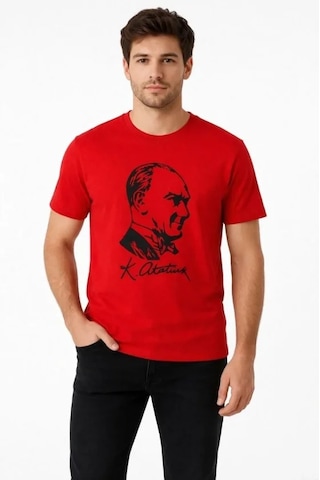 Hazego Erkek Atatürk Baskılı Tişört Kısa Kollu Bisiklet Yaka T-shirt - Kırmızı