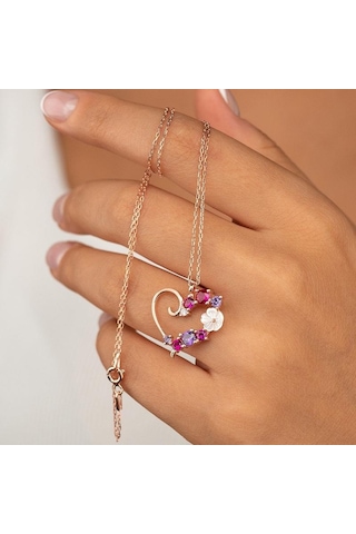 Gümüş Pazarım Renkli Taşlı Manolya Kalp Gümüş Kolye