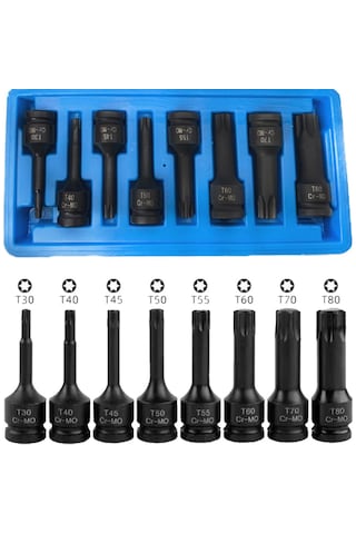 8 Parça 1/2 Havalı Darbeli Torx Lokma Seti T30-t40-t45-t50-t55-t