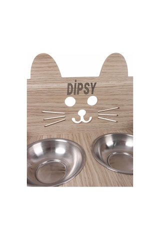 Gobypet Ahşap Özel İsim Baskılı Kulaklı Kedi Mama Su Kabı Standı