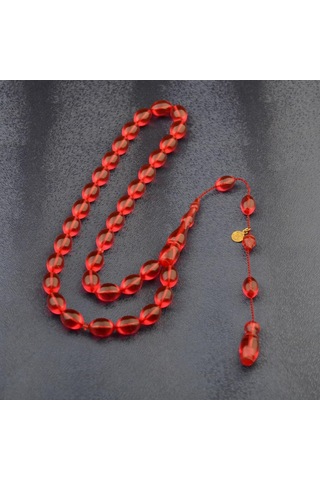 Sistem Püsküllü 11x8 Mm İmzalı Ateş Kehribar Tesbih Kırmızı
