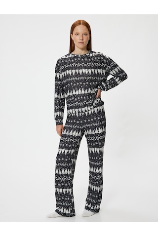Koton Yılbaşı Temalı Pijama Altı Düz Bol Paça Rahat Kalıp Siyah Desenli 5wlk40008mk Siyah