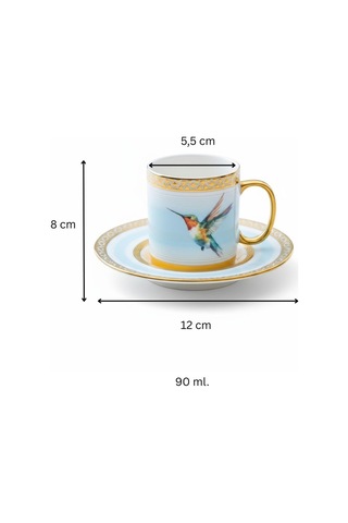 Stork Mavi Gold Renk Kuş Figürlü 6 Kişilik Porselen Kahve Fincan Takımı - 90 Ml. Mavi - Beyaz