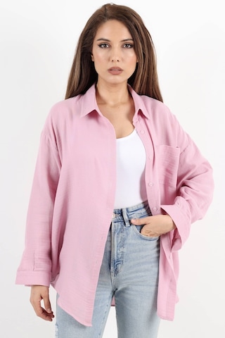 Ritnice Kadın Yumuşak Müslin Kumaş Uzun Pudra Oversize Gömlek Pudra