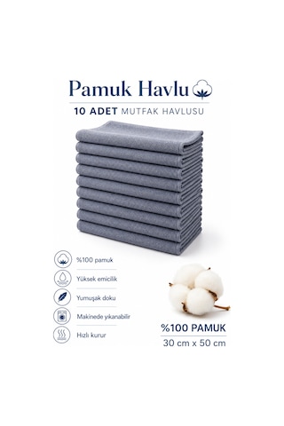 10 Adet Mutfak Havlusu El Yüz Havlusu Gri