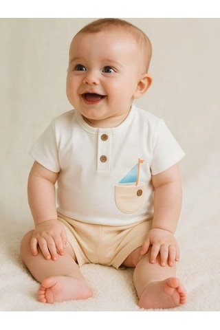 Zekids Erkek Bebek Organik Pamuklu Gemi Baskılı T-shirt Şortlu Takım-15912 renkli