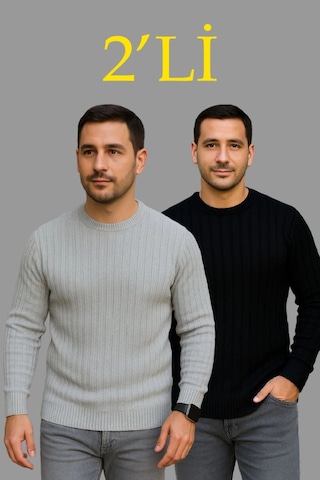 Efnaz Style Erkek Fitilli Triko Kazak 2 Li Set Siyah - Gri, Kalın Dokuma Pamuklu Regular Fit Bisiklet Yaka Uzun Kollu Rahat Kışlık Kazak Kombini Çok Renkli