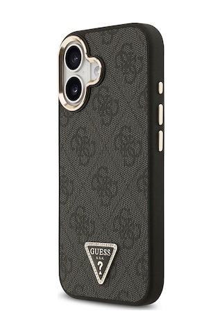 Apple Uyumlu iPhone 17 Kılıf Guess Lisanslı M-safe Şarjlı Gold Metal Kamera Çerçeveli Taşlı Üçgen Logo Siyah