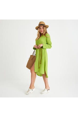 Pamuklu Dokuma Müslin Hakim Yaka Kemer Detaylı Plaj Gömlek Elbise - Small Yeşil