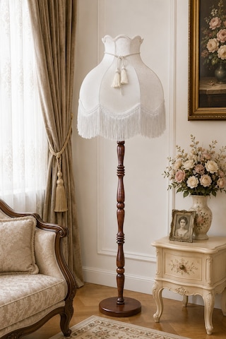 Ekru Kadife Başlık Kahverengi Ahşap Ayak Lambader Vintage Model 170x45cm Beyaz