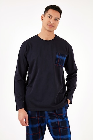 Buratti Ekoseli Cepli Beli Lastikli % 100 Pamuk Regular Fit Erkek Pijama Takımı 6572001 Lacivert-Saks