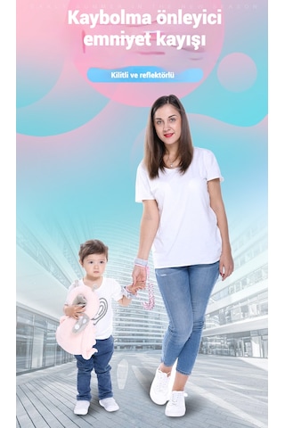 Babyplay Çocuklar İçin Kaybolma Önleyici Bileklik 2 Metre- Reflektörlü, Anahtarlıklı, Sağlam, Güvenli Tasarım Pembe