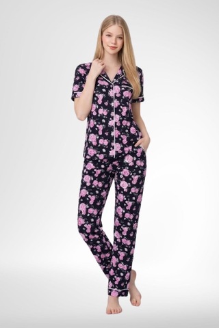 Mecit Pijama Mecit 6353 Lacivert Çiçekli Boydan Düğmeli Kadın Pijama Takımı