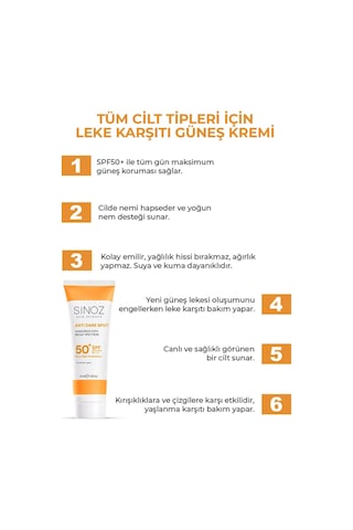 Sinoz Leke Karşıtı Yüksek Koruyucu Normal ve Kuru Ciltler İçin Yüz Güneş Kremi SPF50+ 50 ML